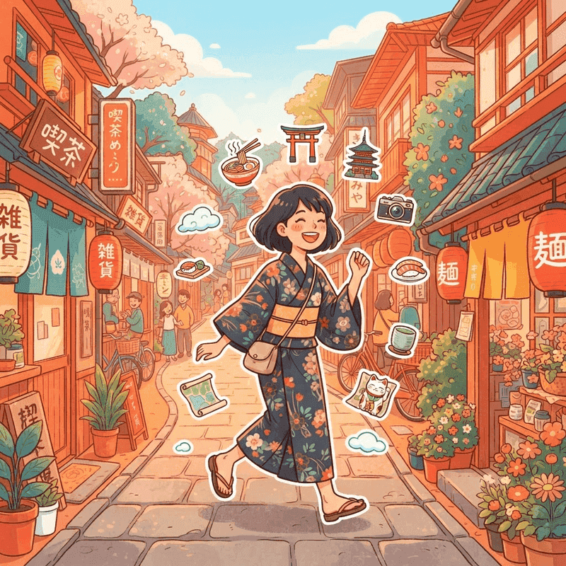 街を楽しく歩く人のイラスト