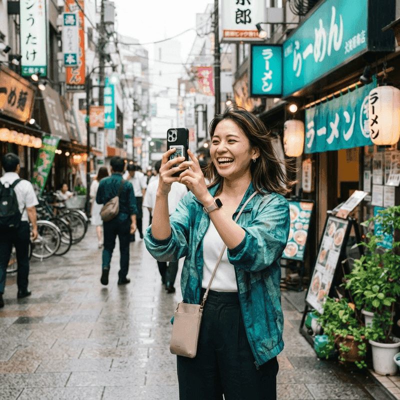 スマートフォンで街を撮影する女性
