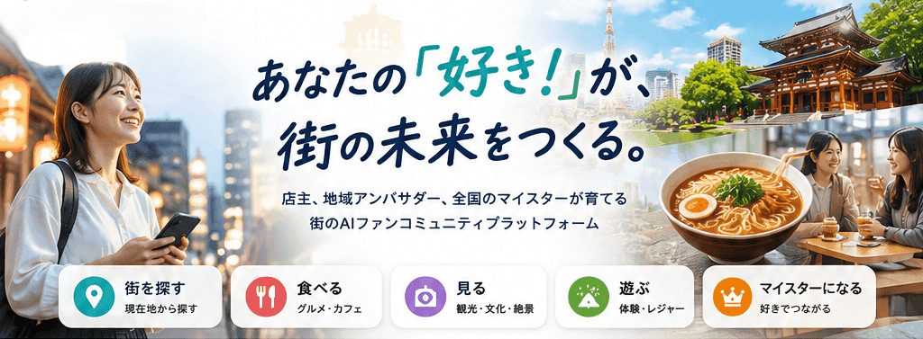 あなたの「好き!」が、街の未来をつくる。店主、地域アンバサダー、全国のマイスターが育てる街のAIファンコミュニティプラットフォーム。街を探す・食べる・見る・遊ぶ・マイスターになる